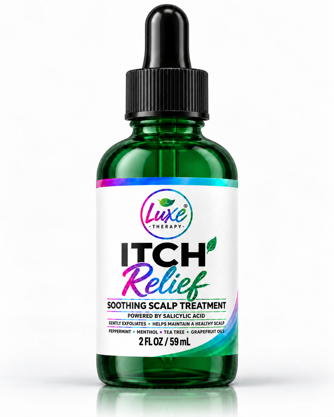 Luxe Therapy Itch Relief soothing scalp treatment in a green glass dropper bottle