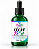 Luxe Therapy ITCH Relief soothing scalp treatment, 2 FL OZ / 59 mL, in an emerald green bottle with a black dropper cap